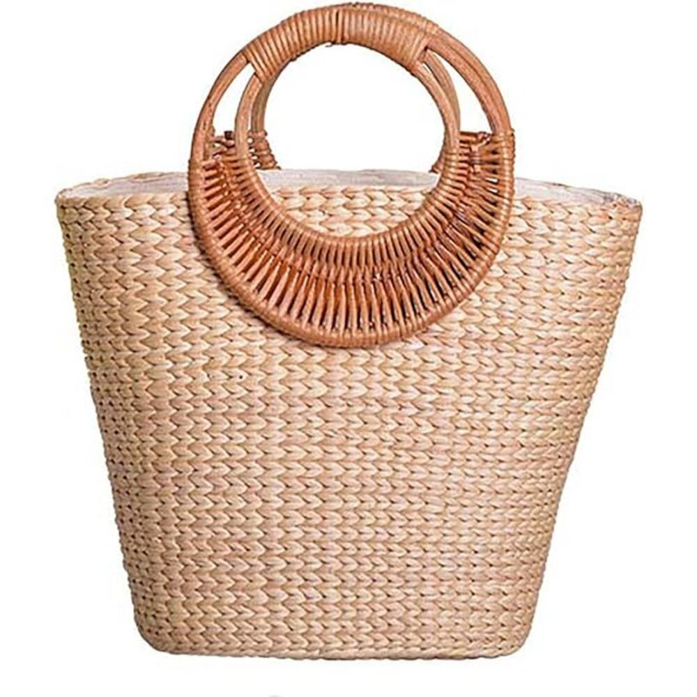Natural Straw Tote Bag with Round Rattan Handles - Beige